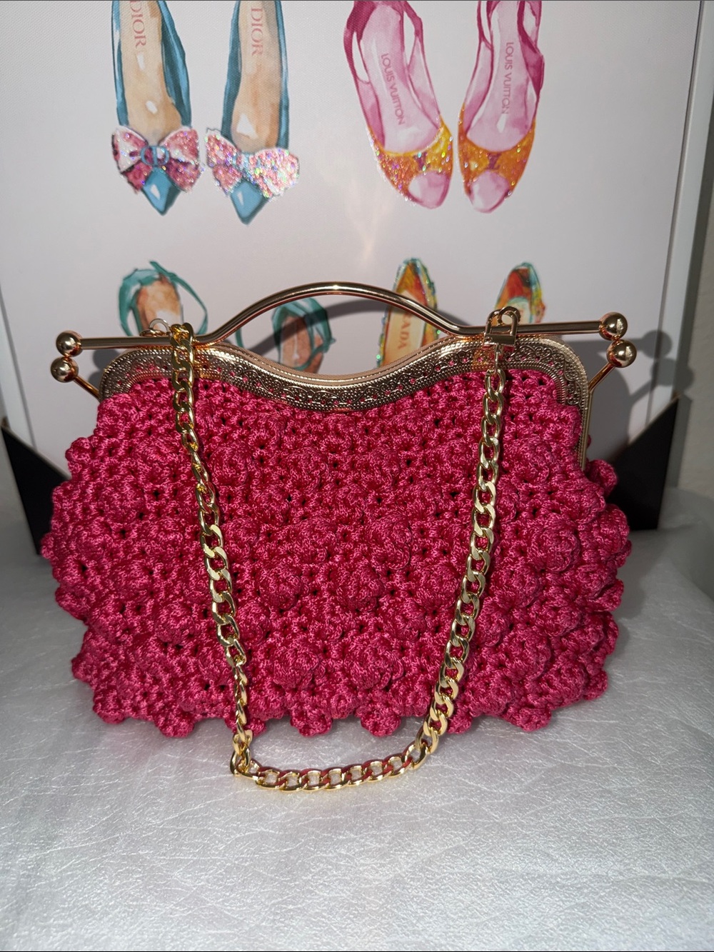 Pink Crochet Evening Clutch with Gold Chain Handle